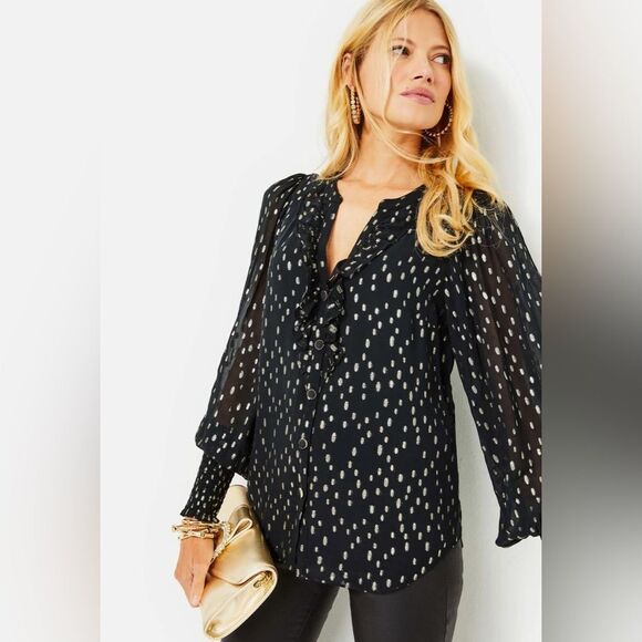 Lilly Pulitzer Rowe Long Sleeve Gold Metallic Polka Dot Top NWT - Picture 1 of 14